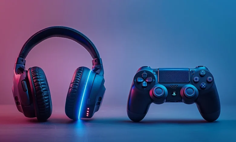 Best gaming console: Stylish gaming headset with LED lighting and PlayStation 4 controller showcased in a vibrant pink and blue ambient setting, highlighting cutting-edge gaming accessories.