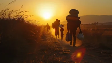 Global Migration: Silhouettes of migrants walking at sunset, carrying belongings on a rural path, symbolizing the worldwide phenomenon of human displacement and the search for a better life.