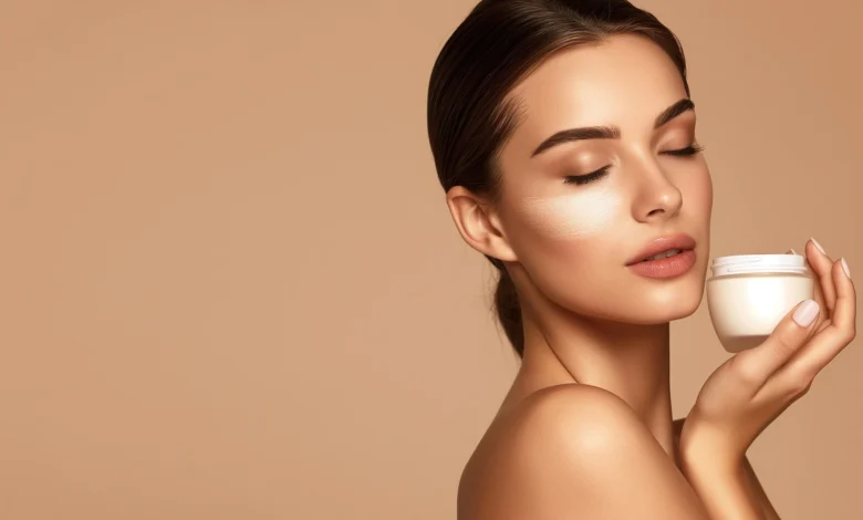 Showcasing a woman with flawless skin holding a skincare product jar against a warm beige background, emphasizing natural beauty and winter skin care.