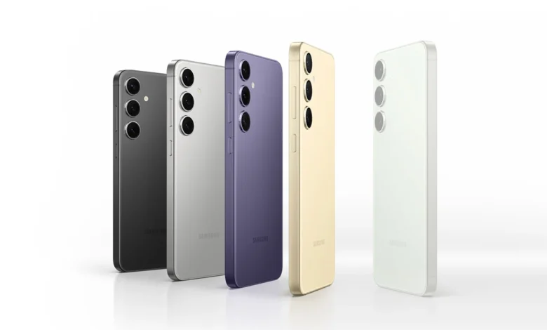 Samsung Galaxy S24 FE smartphones displayed in five colors (black, silver, purple, gold, white), showcasing their sleek design and triple-camera system, highlighting the model's variety and modern aesthetics.